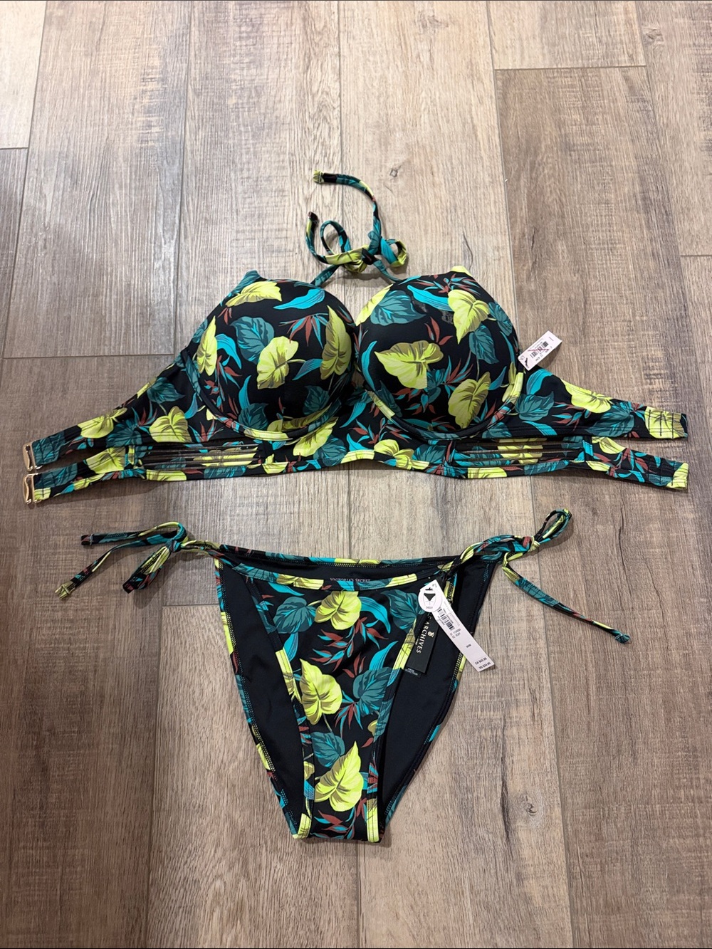 Victoria's Secret Womens Black Bikini Set Lime & Teal Tropical Print 34DD Medium